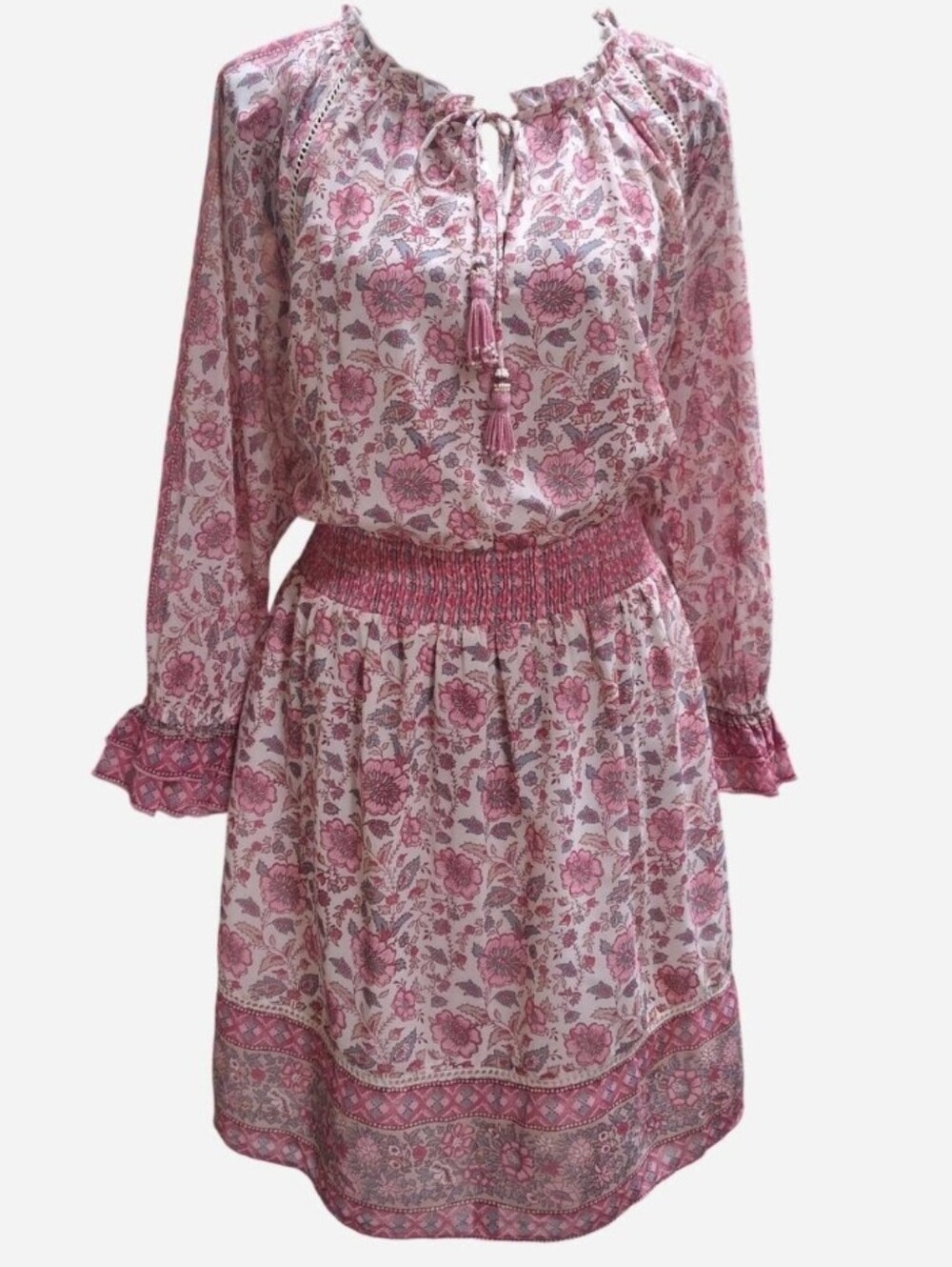 Love the Label Anthropologie Tippy Border Print Smocked Mini Dress Pink L